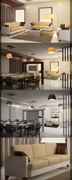 Realistic Living & Dining interior 3D