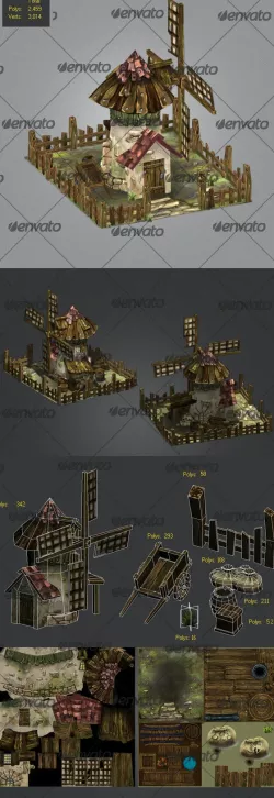 Low poly Windmills, old carriage,wood box