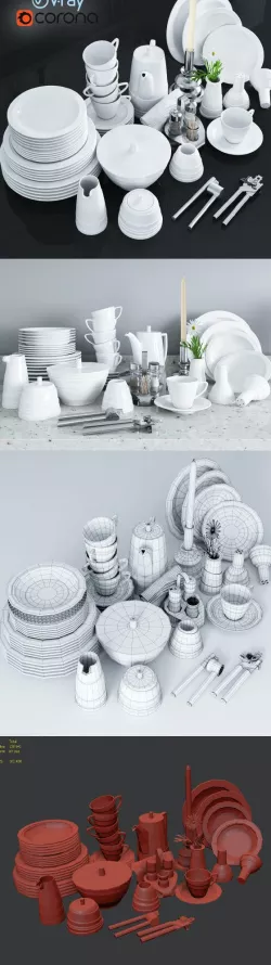 A set of dishes and kitchen appliances