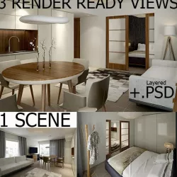 Interior Vray Scene with 3 RenderReady Views + PSD