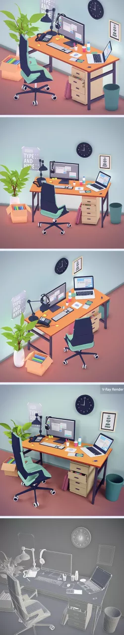 Office workstation in toon 3d style