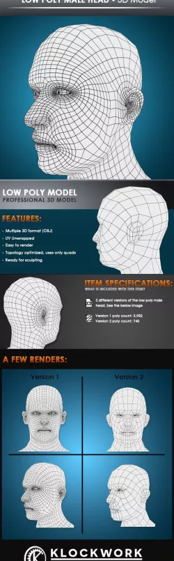 low poly male head base mesh