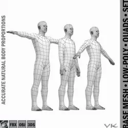 Male Body Base Mesh with Detailed Head and Limbs in 3 Poses