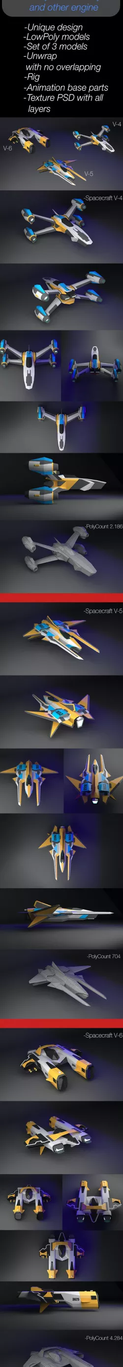 Spacecraft LowPoly Set of 3 models