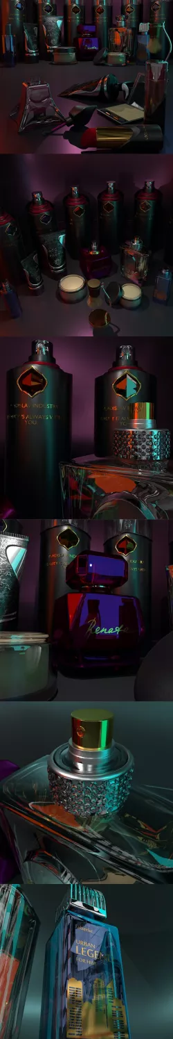 Cream and perfume Coco Chanel Faberlic Dior Lacoste. 3D studio perfume and studio 3D lighting