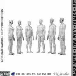 Female and Male Base Mesh Natural Proportions in Rest Pose BUNDLE