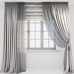 Light beige silk curtains on the floor straight and with a pick-up brush, tulle, Roman blind, window