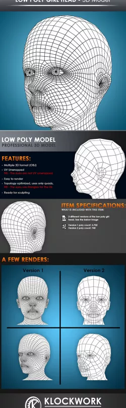low poly girl head base mesh