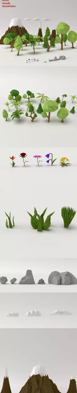 Low poly Trees Flowers Grasses Rocks Clouds and Mountains
