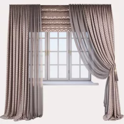 Pink velour curtains with a gold print in polka dots, Roman curtains with a geometric zigzag pattern
