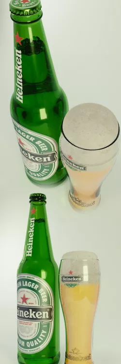heineken beer bottle and glass of beer