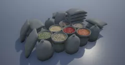 Stacked Sacks and Sack of food and spice Low-poly 3D model