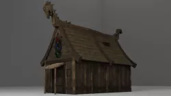 Viking House with Thatch Shack with interior and wooden fence Low-poly 3D model