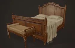 Vintage Bed with Pouf - PBR Game Ready  Low-poly 3D model