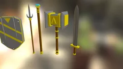 Hammer, Sword, Spear, Staff, and Shield