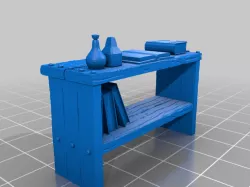 alchemist workbench: shelves with books and potions 