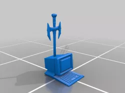 Computer with a sword through it (Desks & Day Job Logo)