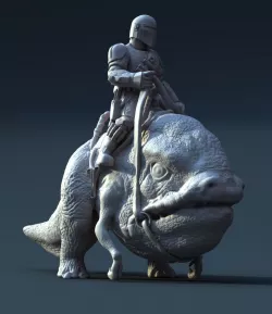 Mando riding a Blurrg (from the show "The Mandalorian")