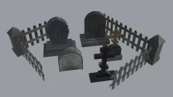 Five old graves tombstones with fence fence Low-poly 3D model