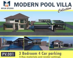 HQ Luxury Modern Pool Villa design with Bar Rooftop party area 3D model