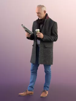 11309 Jason - Man standing coat winter reading newspaper coffe 3D model