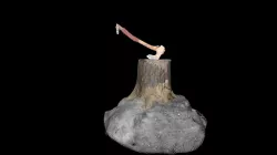 Old axe of kratos stuck in a log  Low-poly 3D model