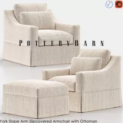 York Slope Arm Slipcovered Armchair with Ottoman 3D model