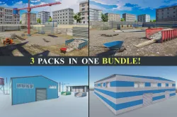 Industry Bundle - Abandoned House and Modular Warehouses Low-poly 3D model