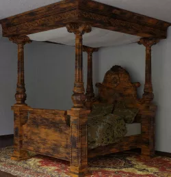 Vintage Double Bed Wooden Carved Low-poly 3D model