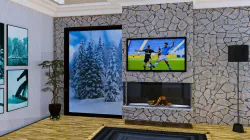 Fireplace with Window Cobblestone Walll 3D model