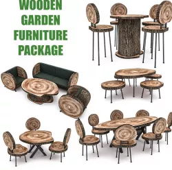 Wooden Garden Furniture Package Low-poly 3D model