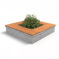 Concrete wooden street bench with grass and bush 3D model