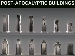 Post-Apocalyptic Background Buildings Low-poly 3D model