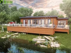 Lodge Exterior Rendering Pond Area Landscape Wooden Plank by Yantram 3d exterior modeling Boston, USA