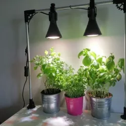 Steampunk stand for lighting flowers and herbs using IKEA lamp