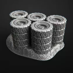 Car wheels, stacked truck, apocalyptic, post-apocalyptic