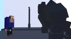 man and a monster in a cube