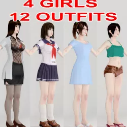  T pose nonrigged model of 4 girls with various outfits 3D model