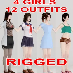  T pose rigged model of 4 girls with various outfits 3D model