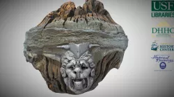 Wood Artifact with Silver Lion Head Adornment