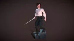 Woman with a sword sneaking down stairs