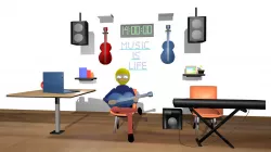Playing guitar in his comfy room