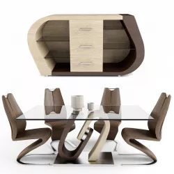 Dining Room Set in Oak and Walnut 3D model