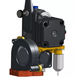 BMG mounted E3D V6 fan adaptor with Prusa layer cooler, and redesigned parts to fit PrinterMods direct drive bracket