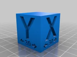 30mm calibration cube with references to where to measure (Fusion 360)