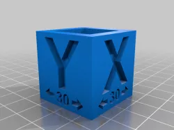 30mm calibration hollow cube with references to where to measure (Fusion 360)