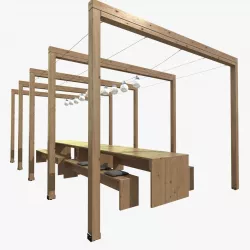 pergola with wooden table bench lights 3D model