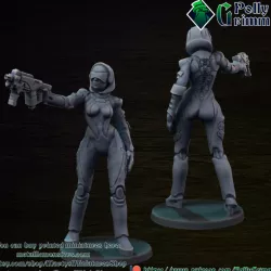 Droid android robot woman with pistol. Sci-fi miniature