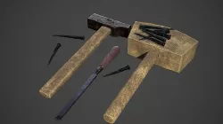  Lowpoly model of tools mallet hammer chisel nails Low-poly 3D model