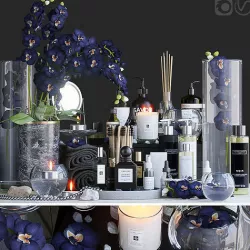 Decorative bathroom set with orchid and cosmetics 3D model